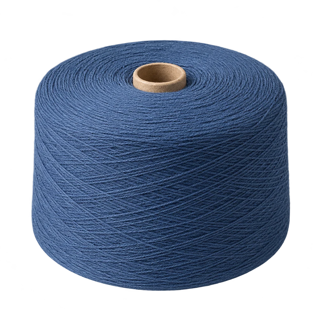 Denim-blue cylindrical yarn roll — illustrative scene