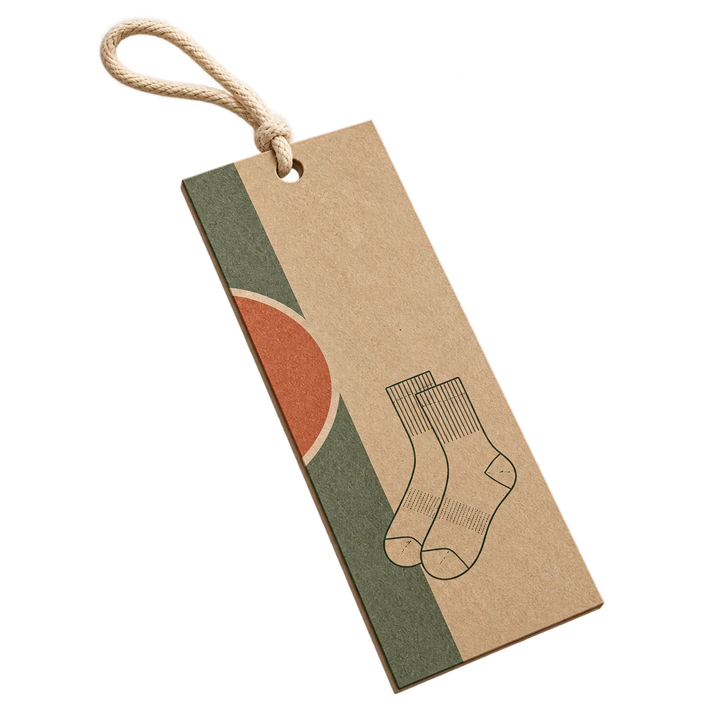Kraft packaging card with geometric stripes and sock line artwork — illustrative scene