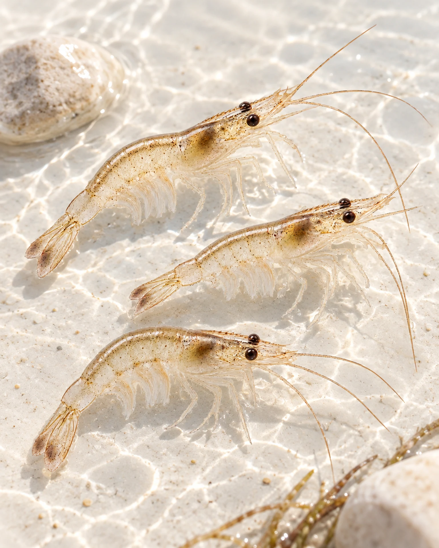 Translucent juvenile shrimp fry — illustrative scene